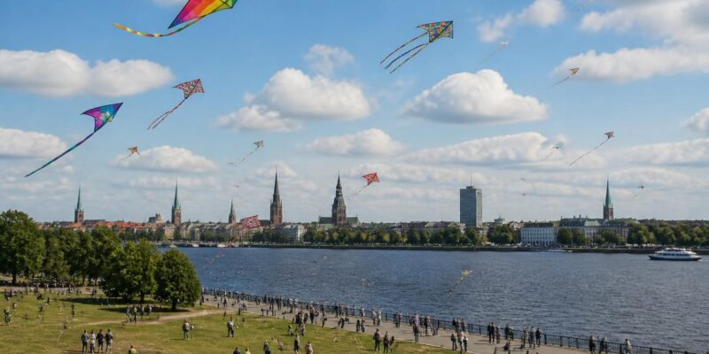 Riga lässt beim ersten internationalen Drachenfestival den Himmel über der Daugava leuchten